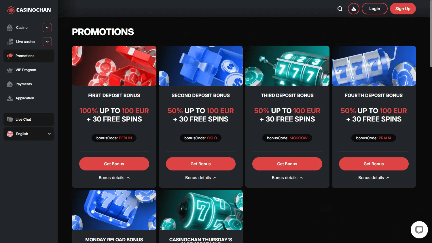 Casino Chan desktop promotions screen with welcome and deposit offers