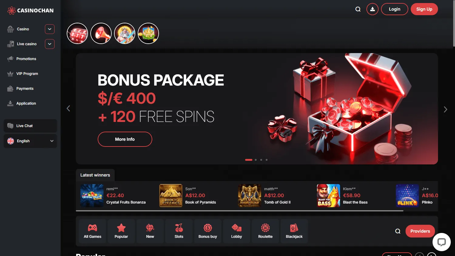 Casino Chan desktop home screen with casino offers and account options