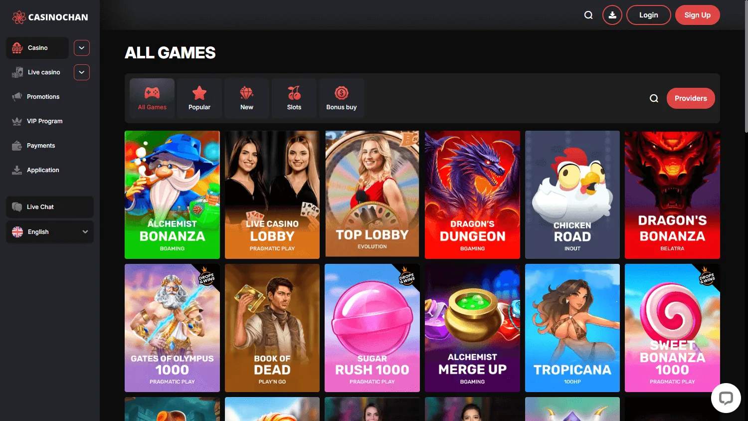 Casino Chan desktop games screen with pokies and casino categories