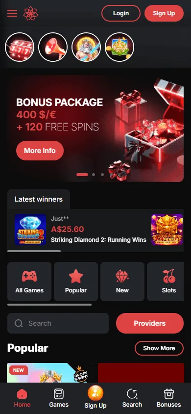 Casino Chan mobile home screen with casino offers
