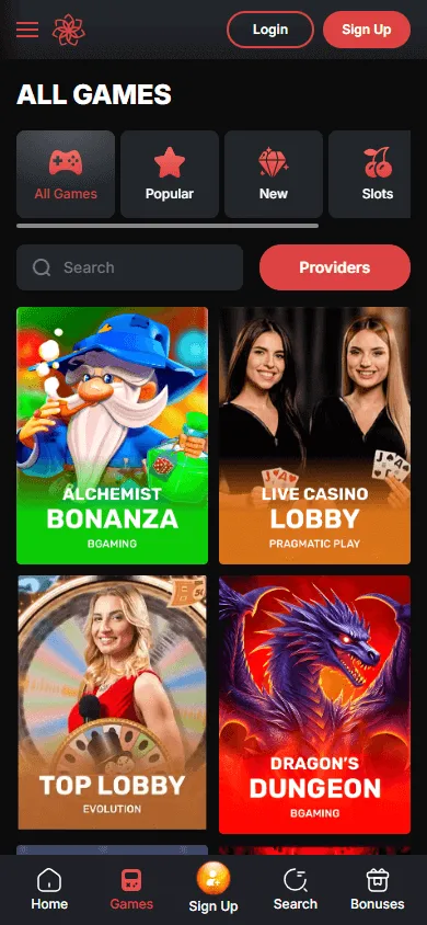 Casino Chan mobile games screen with pokies and casino categories